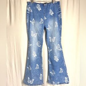 NOBO Butterfly Bell Bottom Jeans Pull On Stretch Denim | L